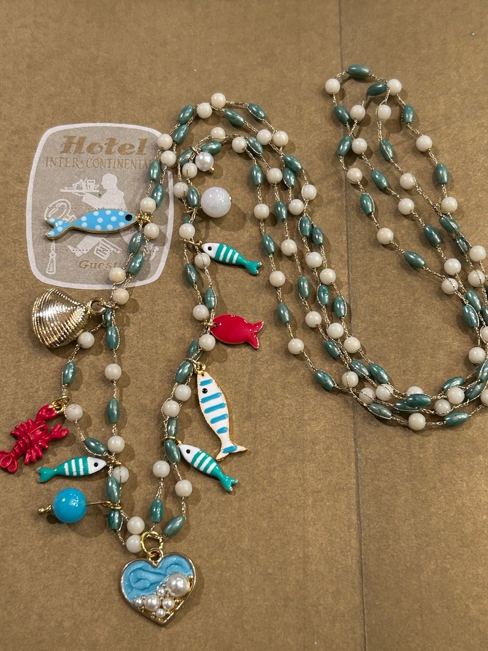 NWOT Necklace “1 Fish, 2 Fish, Red Fish…enamel Sea Life Charms, Aqua white beads